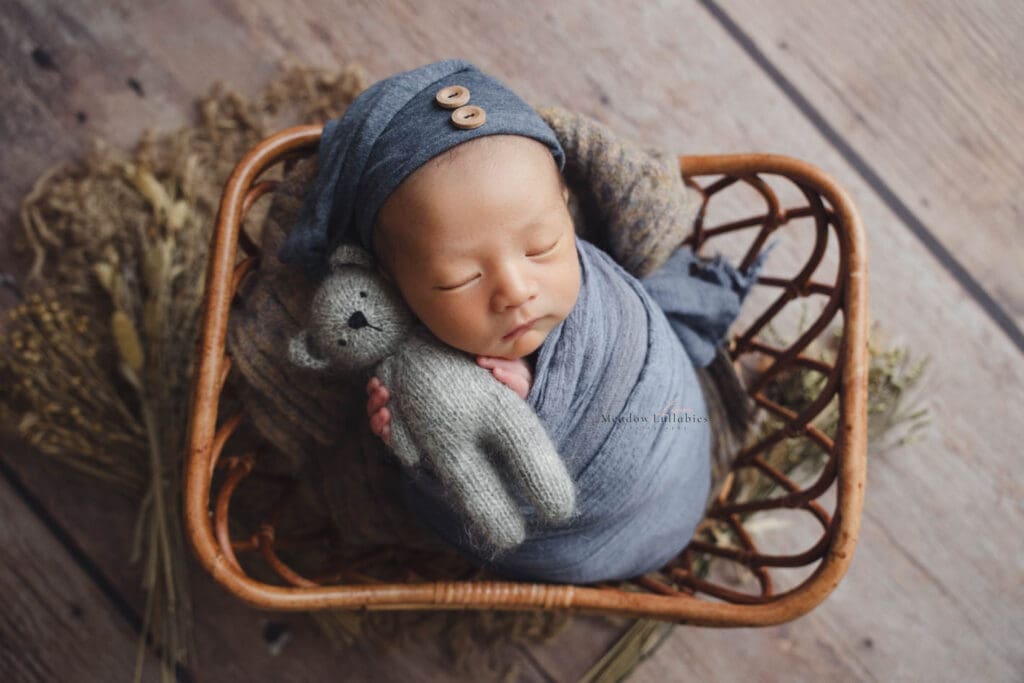 Newborn baby wrapped in a vintage basket