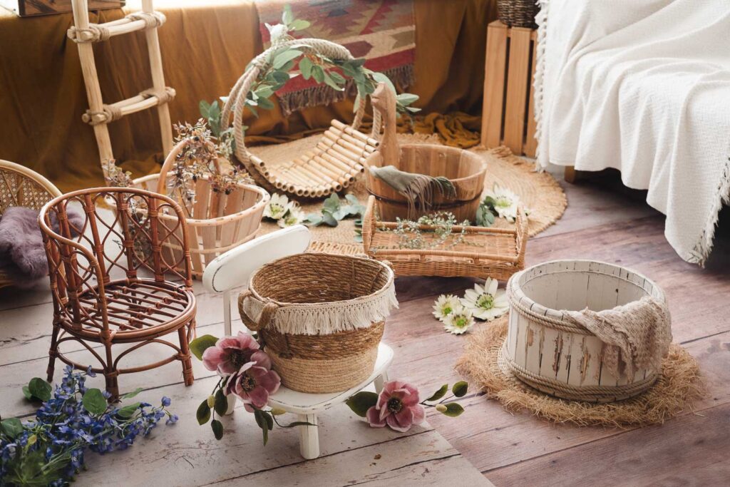 Rustic newborn photography prop baskets and crates