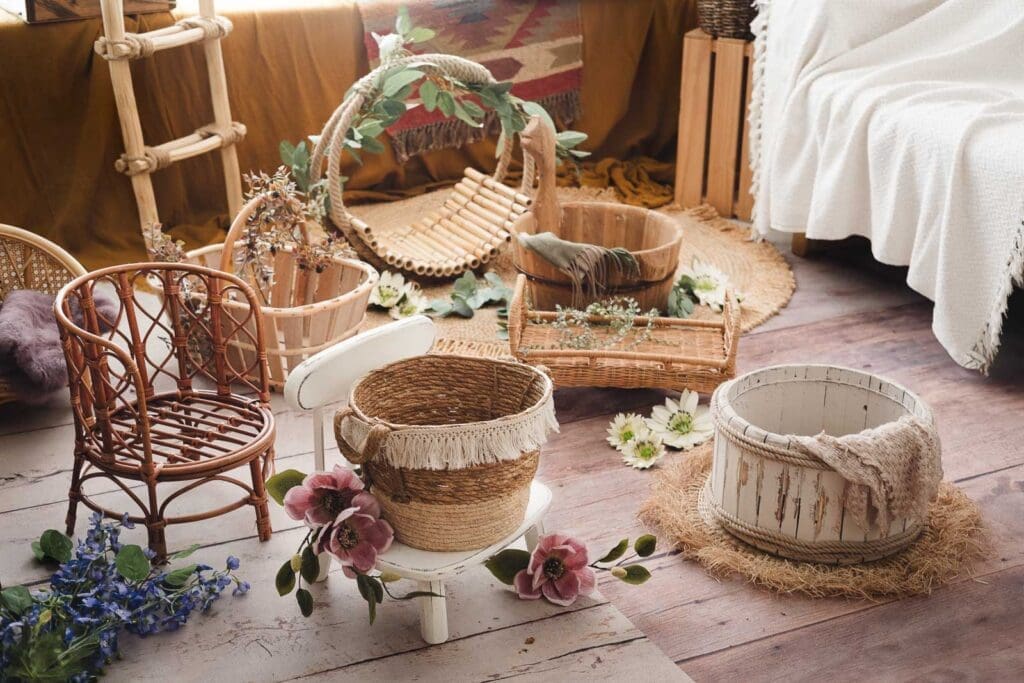 Rustic newborn photography prop baskets and crates